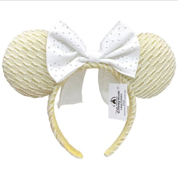 Disney Parks Yellow Minnie Mouse Ears Headband White Lace Bow - Picture 1 of 3
